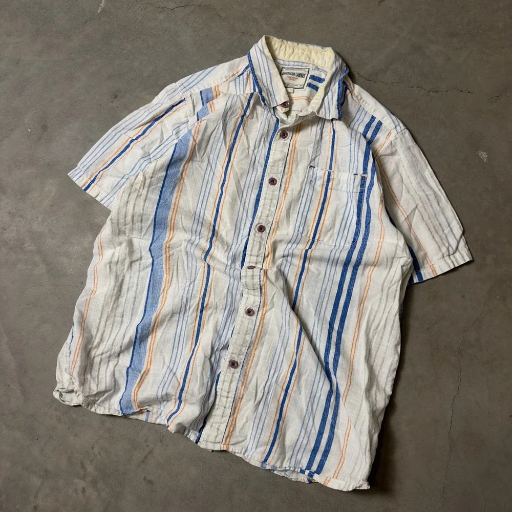 Vintage American Canvas Button Down Shirt Men Large White Blue Striped 90s Retro